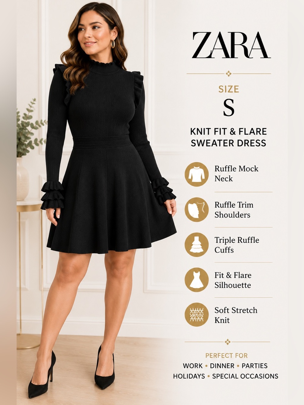 Zara Knit Black Ruffle Mock Neck Fit & Flare Sweater Dress Women’s S